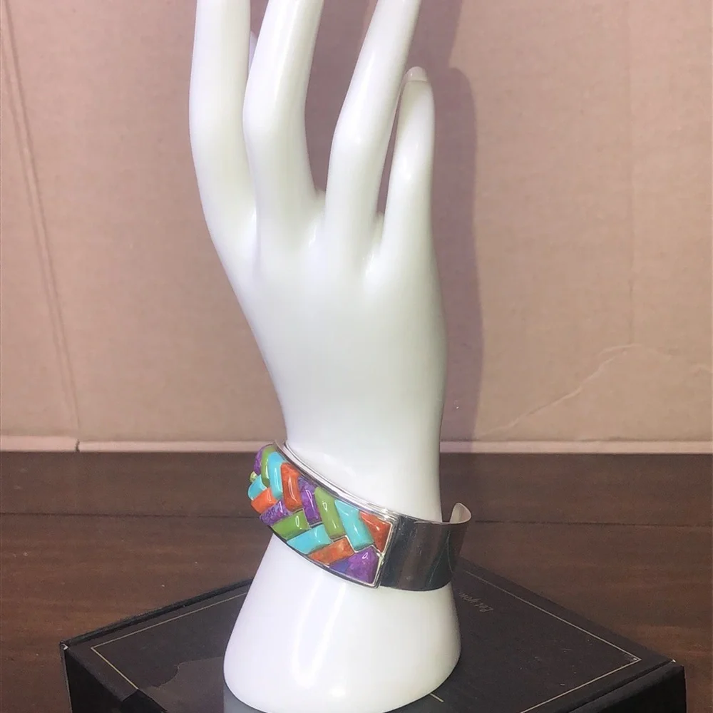 JAY KING Turquoise Coral Green Turquoise Sterling Silver Braided Gem Stone Cuff - Picture 3 of 17